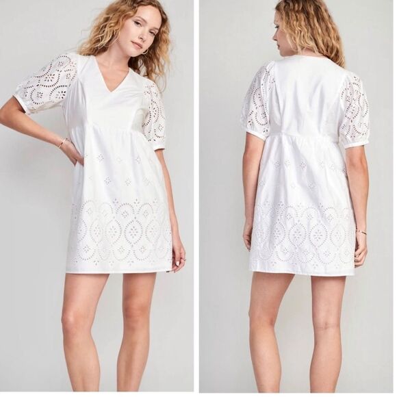 Old Navy White Eyelet Puff Sleeve V- Neck Cotton Spring Bridal Mini Dress Size M - Picture 1 of 11
